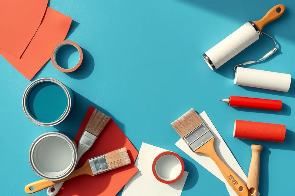 Pots de peinture, nuancier, brosses et rouleaux disposés à plat