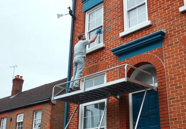 Peintre sur échafaudage traitant la façade d'une maison