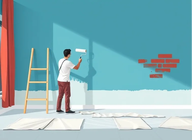 Peintre appliquant la peinture au rouleau sur un mur de salon